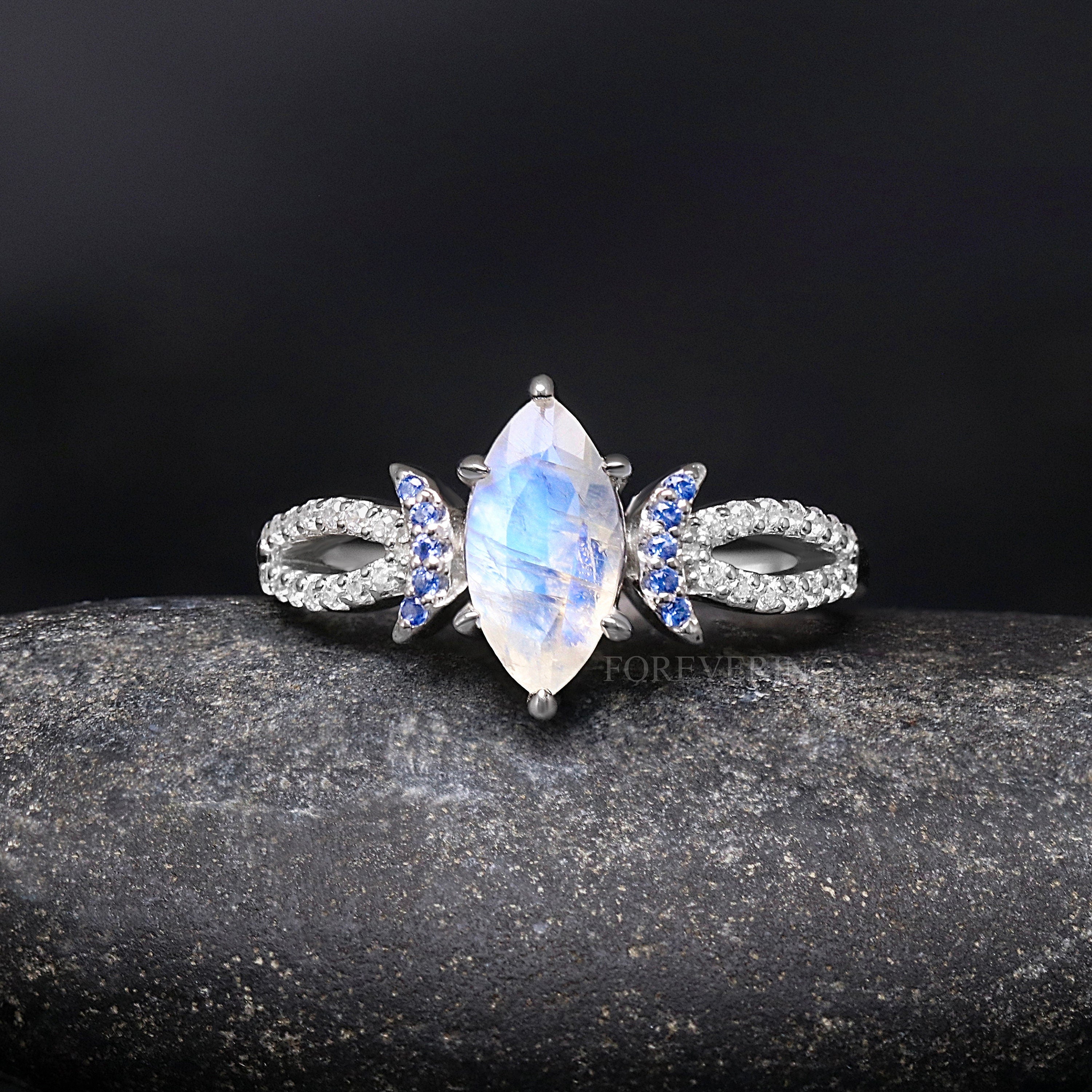 Lunara Moonstone Wedding Ring, Woman Alternative Engagement Ring, Natural, Marquise, 925 Sterling Silver, Unique Promise Ring, Engraving