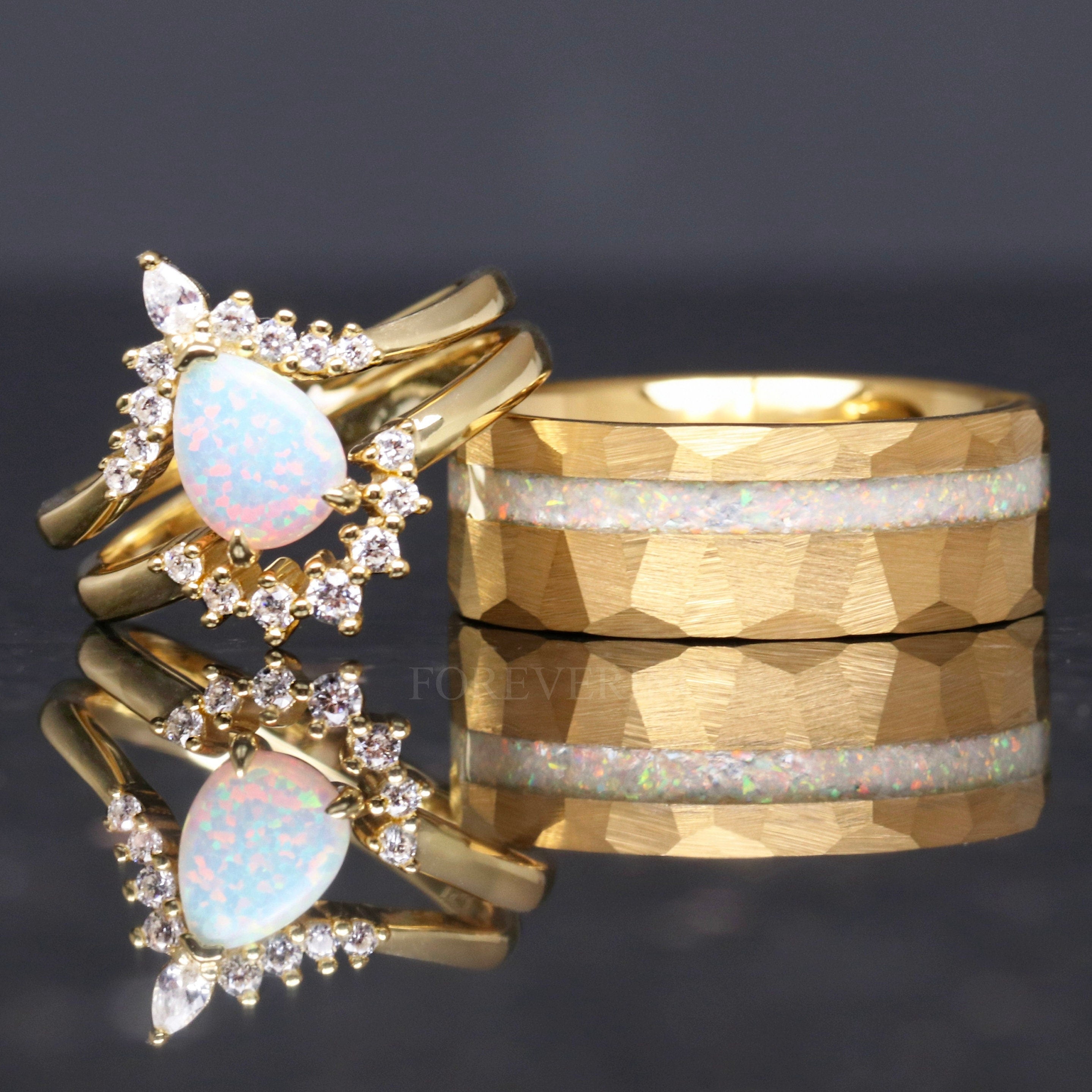 His Her White Fire Opal Ring Set, Matching Opal Rings, Sterling Silver and Gold Tungsten, Hammered, Couples Ring, Unique Engagement Ring Set