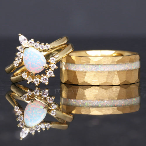 His Her White Fire Opal Ring Set, Matching Opal Rings, Sterling Silver and Gold Tungsten, Hammered, Couples Ring, Unique Engagement Ring Set