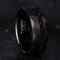 8mm hammered black tungsten ring with an offset black fire opal inlay, standing upright