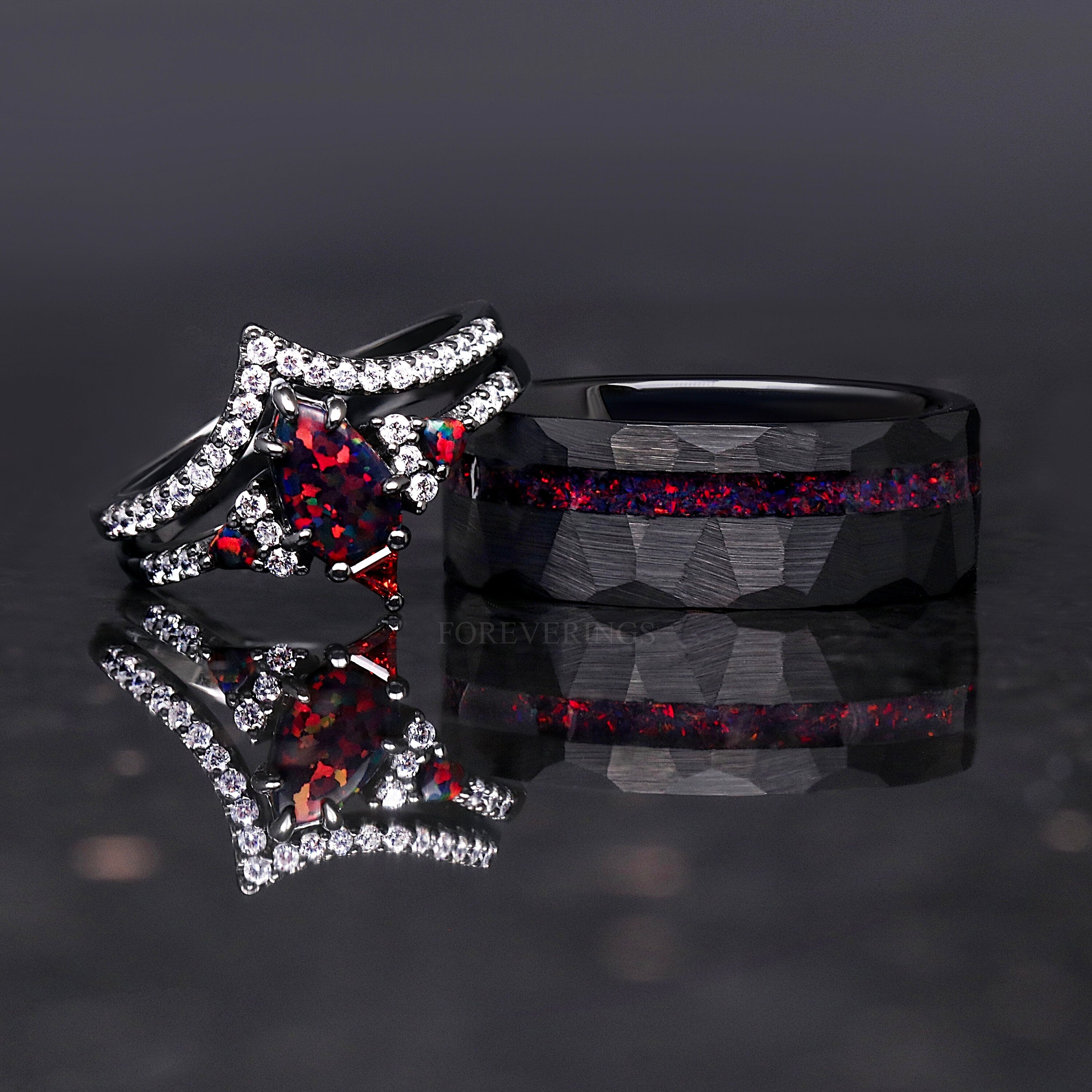 His and Hers Black Fire Opal Ring Set, Couples Wedding Ring, Matching Promise Ring, Black and Red, Hammer Black Tungsten Ring, Lumiere, 925