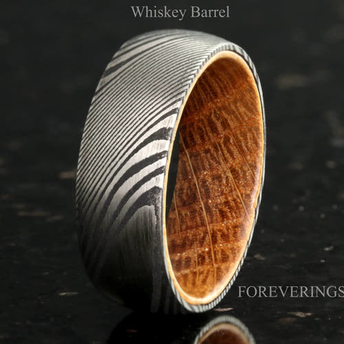 Men's 8mm Damascus steel band with a whiskey barrel wood sleeve, labeled Whiskey Barrel