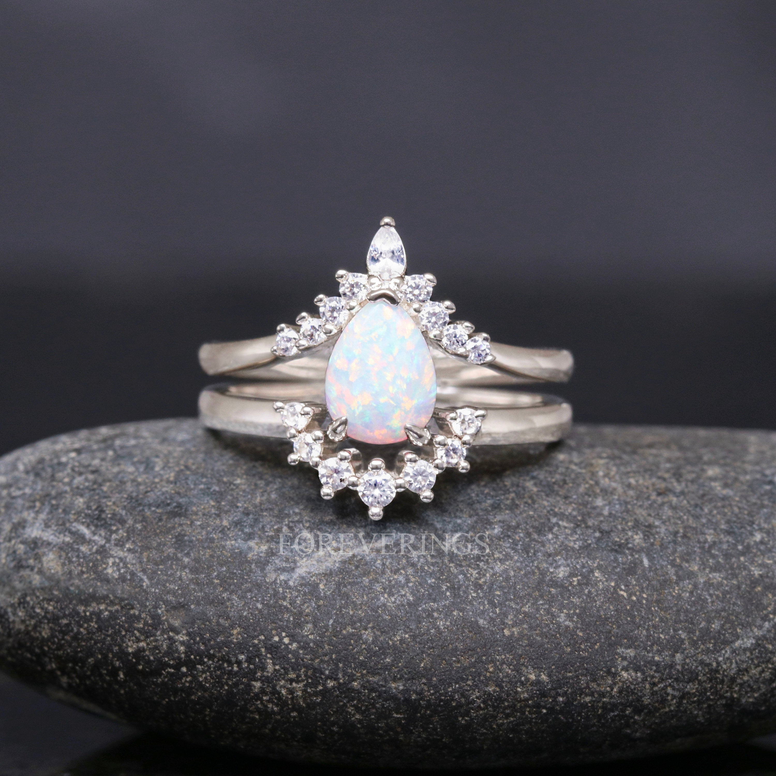 His and Hers White Fire Opal Ring Set, Matching Opal Ring, Silver Ring Set, Hammered Tungsten, Couples Ring, Unique Opal Engagement Ring Set