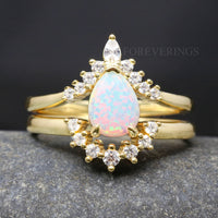 Vintage Gold Opal Engagement Ring, Woman Wedding Ring, Alternative White Fire Opal Ring, 925 Sterling Silver Ring, Unique Bridal Set
