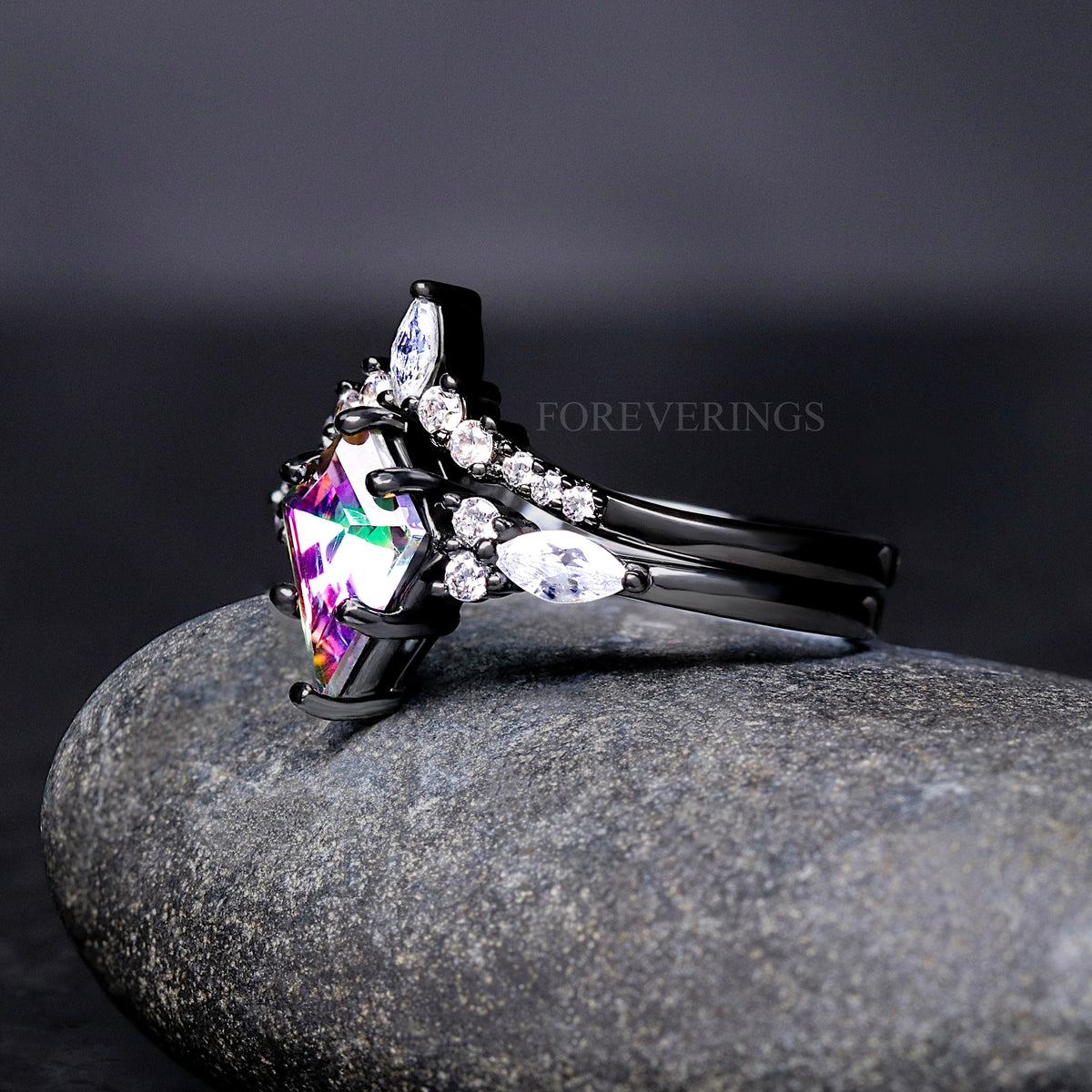 Meteorite inlay couples rings with black mystic topaz gemstone