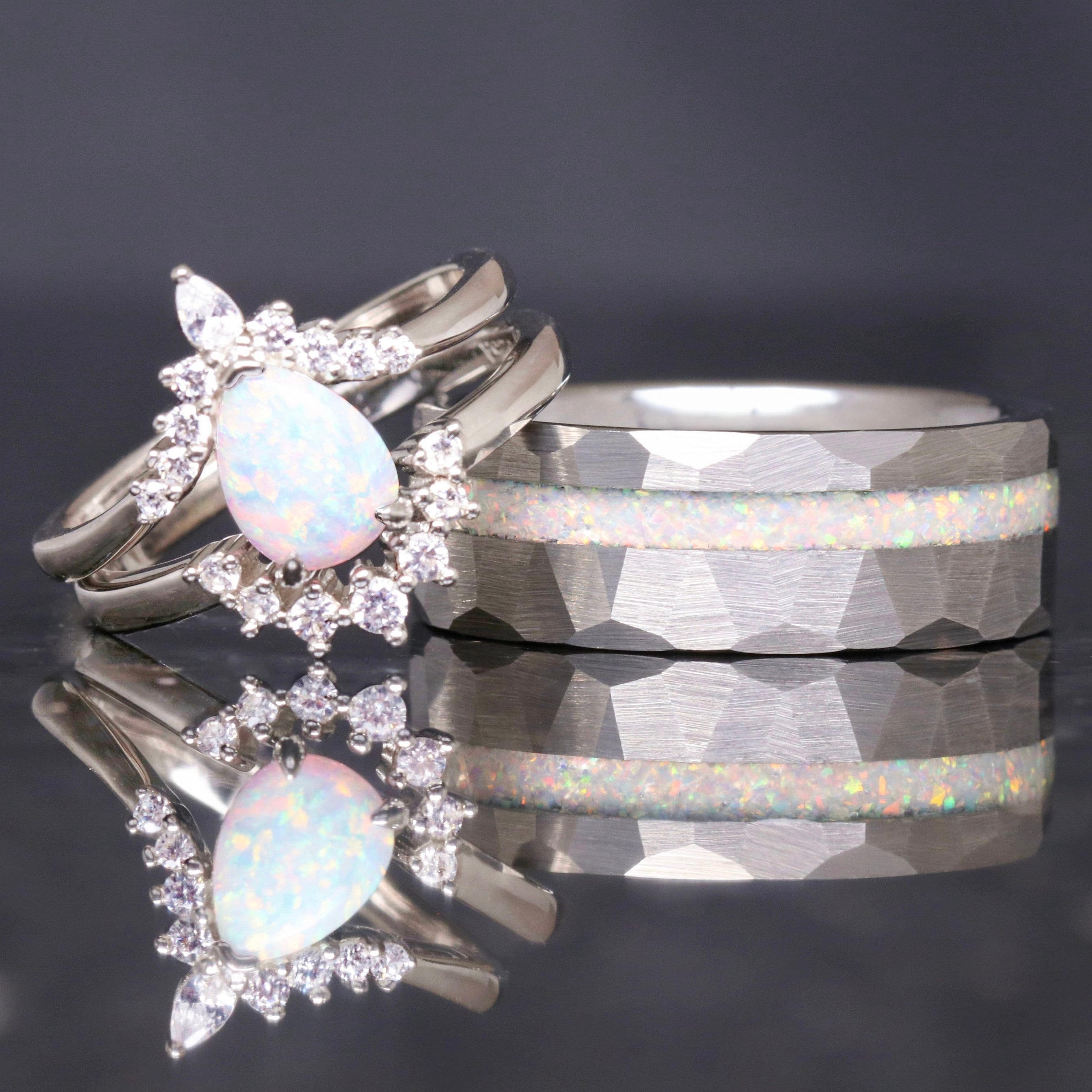 His and Hers White Fire Opal Ring Set, Matching Opal Ring, Silver Ring Set, Hammered Tungsten, Couples Ring, Unique Opal Engagement Ring Set