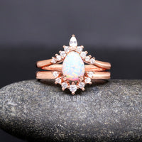 White fire opal wedding ring set