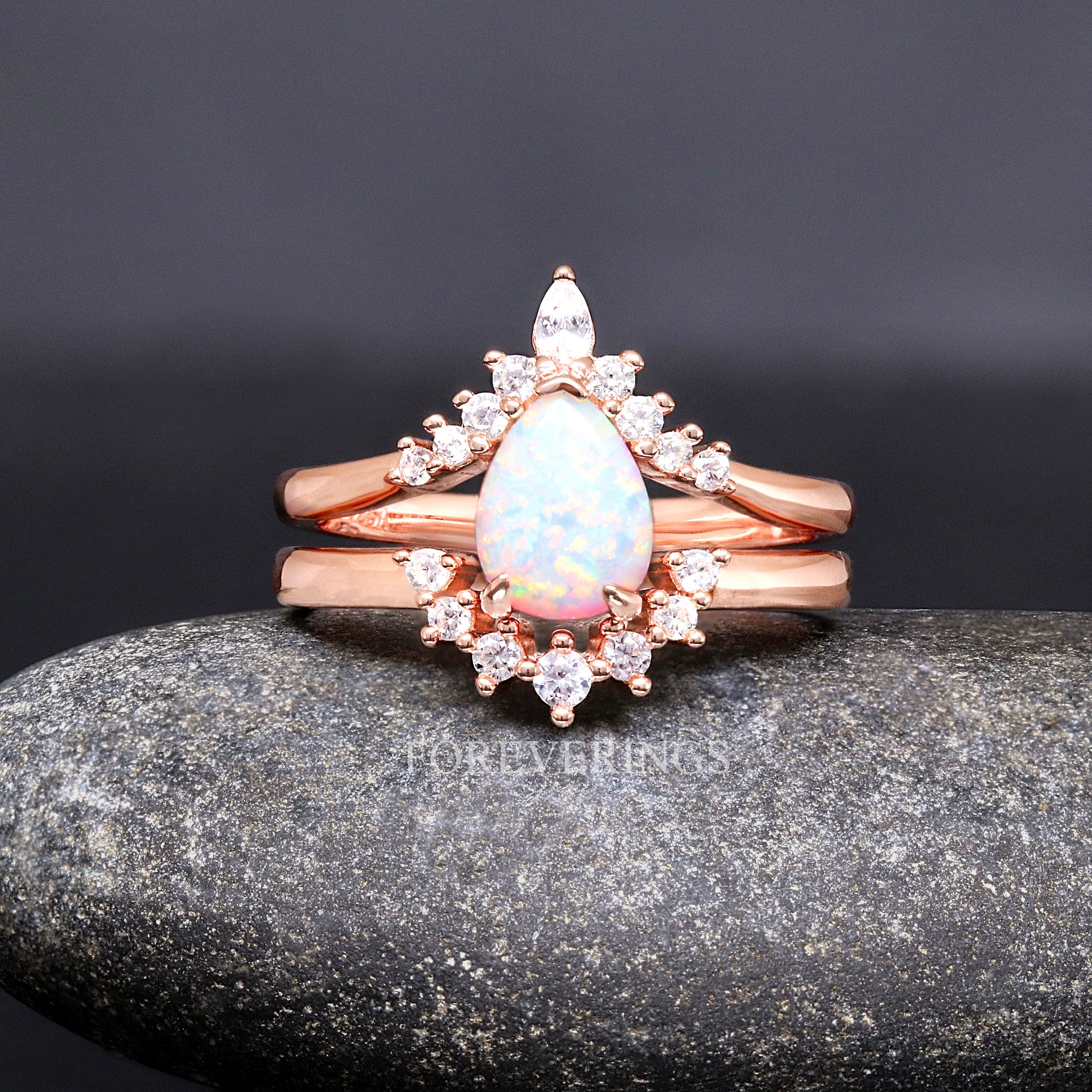 His and Her White Fire Opal Ring Set, Matching Couple Rings, Sterling Silver and Rose Gold Tungsten, Hammered, Unique Engagement Ring Set