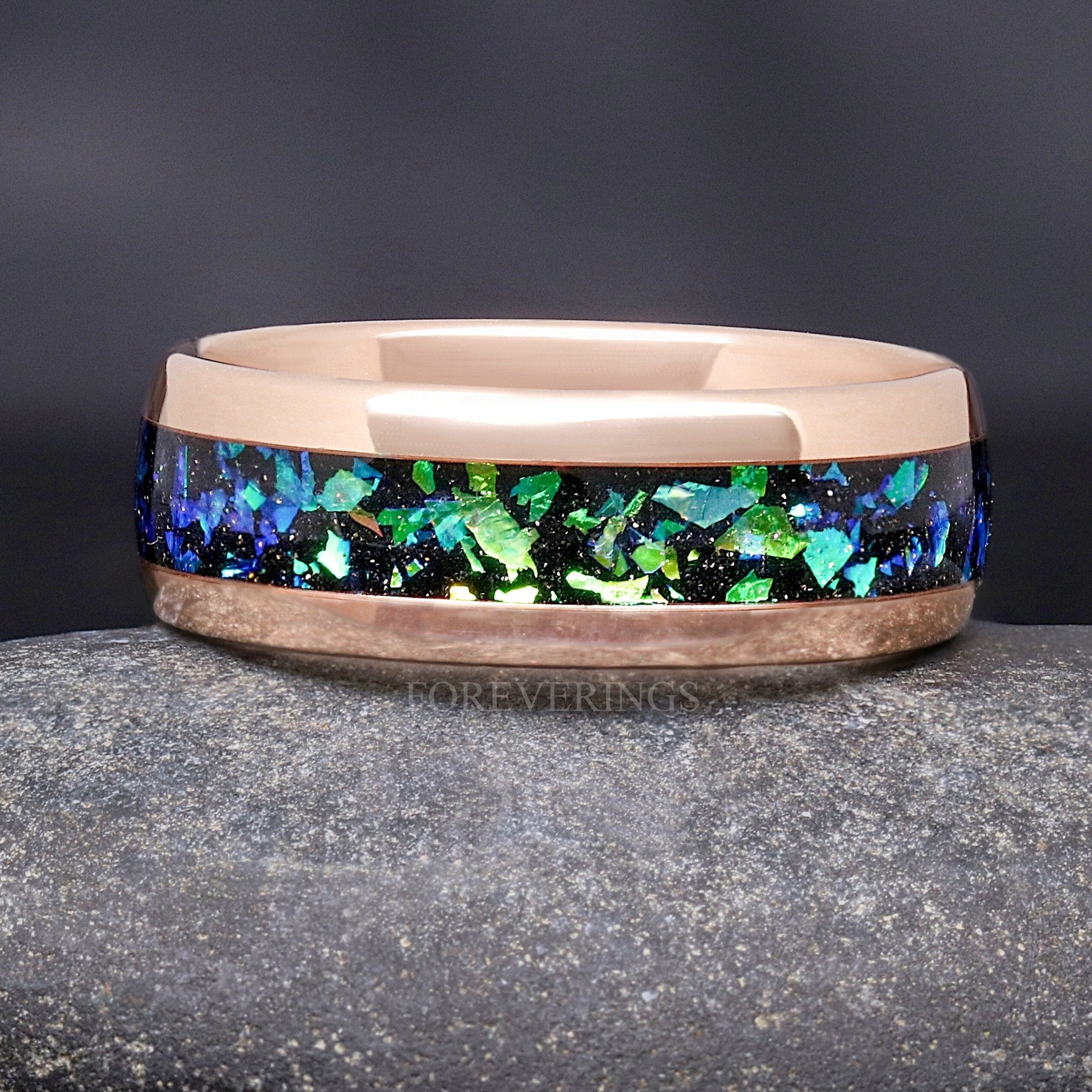 Rosette Nebula Man Rose Gold Wedding Band, Tungsten Band, Green Space Ring, Man Promise Ring, Dome, Polish, Ring Engraving, 8mm Nebula Ring