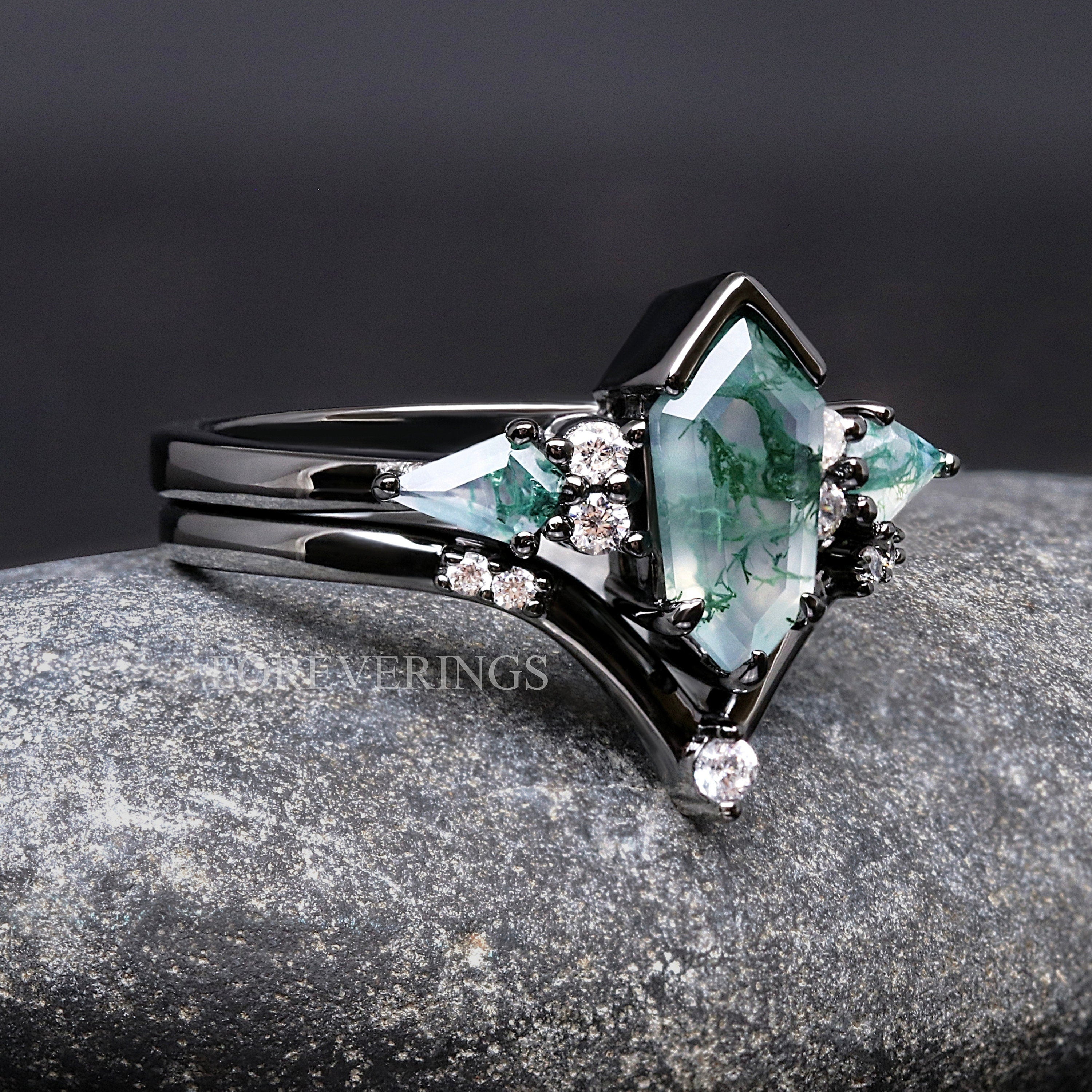 Green Moss Agate Engagement Ring Set Coffin Kite Cut, Black Gold Filled Ring, 925 Sterling Silver, Nature Ring, Black Rhodium Finish