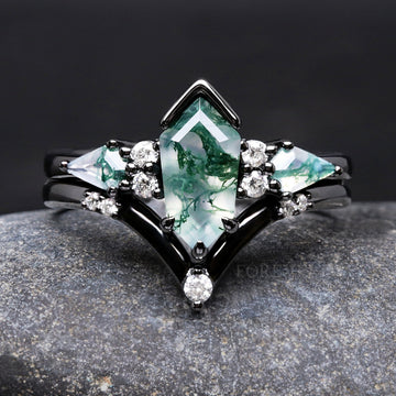 Green Moss Agate Engagement Ring Set Coffin Kite Cut, Black Gold Filled Ring, 925 Sterling Silver, Nature Ring, Black Rhodium Finish