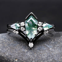 Green Moss Agate Engagement Ring Set Coffin Kite Cut, Black Gold Filled Ring, 925 Sterling Silver, Nature Ring, Black Rhodium Finish