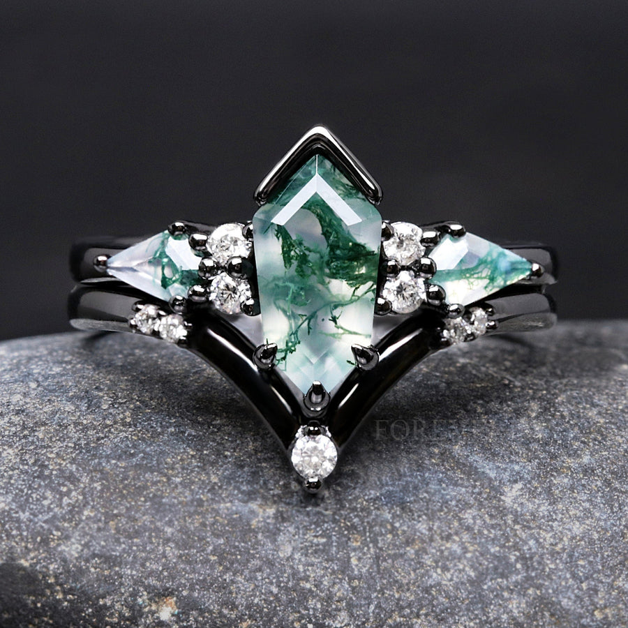 Green Moss Agate Engagement Ring Set Coffin Kite Cut, Black Gold Filled Ring, 925 Sterling Silver, Nature Ring, Black Rhodium Finish