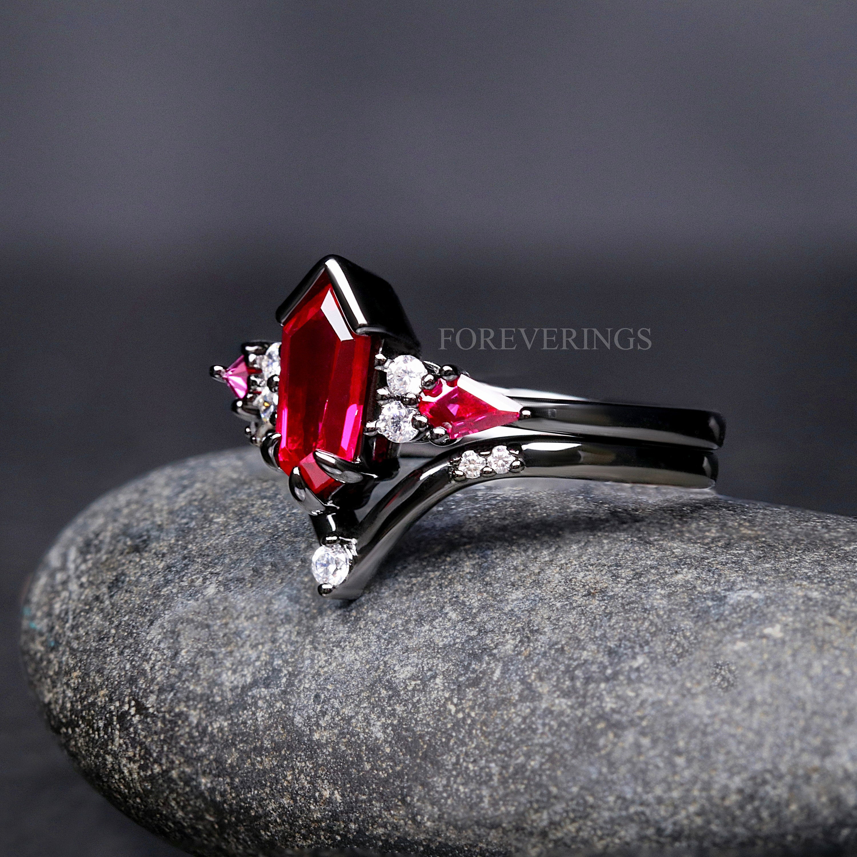 Black Ruby Engagement Ring Set, Woman Wedding Ring, Natural Ruby Ring, Kite Coffin Cut, 925 Sterling Silver Ring, Alternative Promise Ring