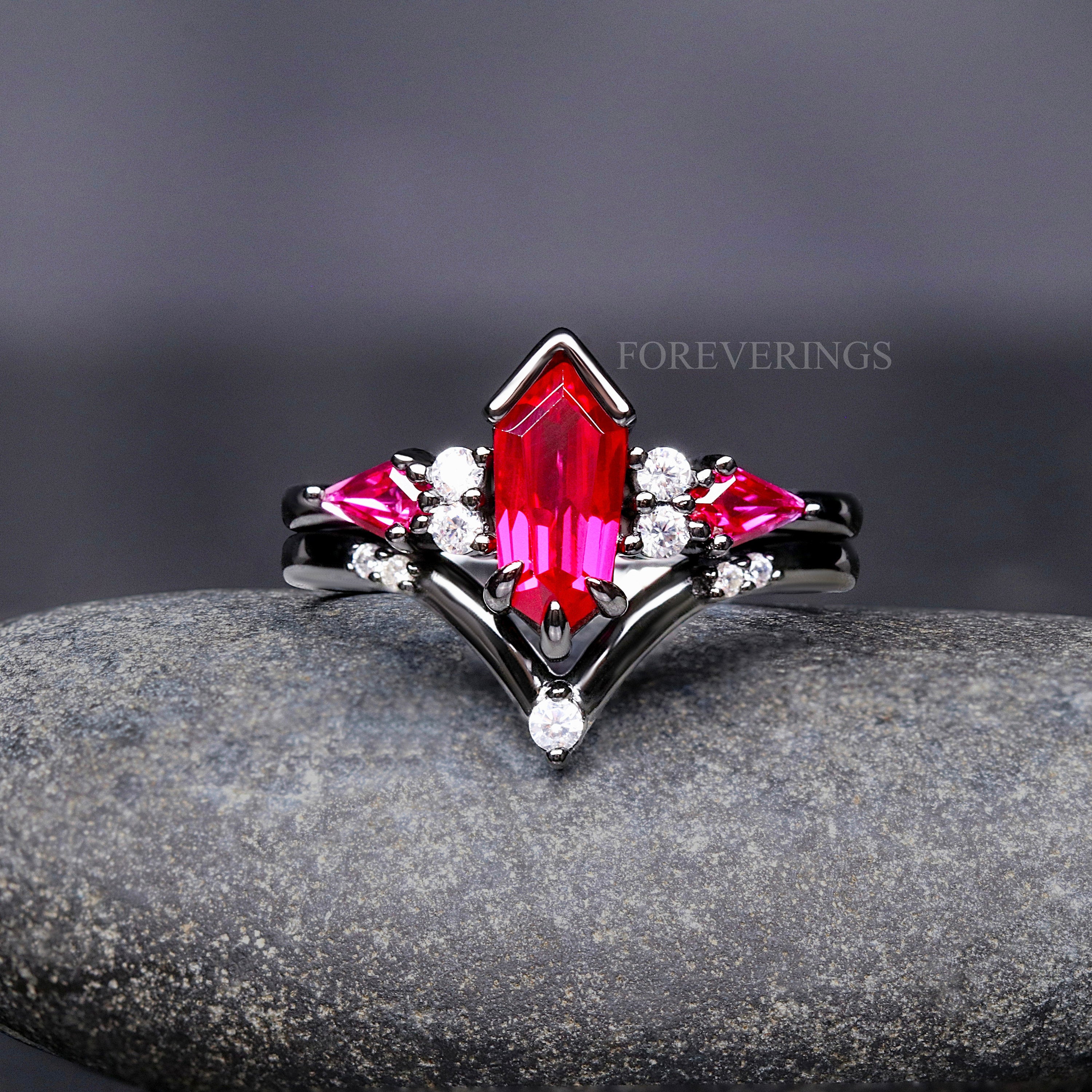 Black Ruby Engagement Ring Set, Woman Wedding Ring, Natural Ruby Ring, Kite Coffin Cut, 925 Sterling Silver Ring, Alternative Promise Ring