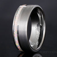 Mens White Fire Opal Ring | 8mm Brushed Silver Tungsten Band
