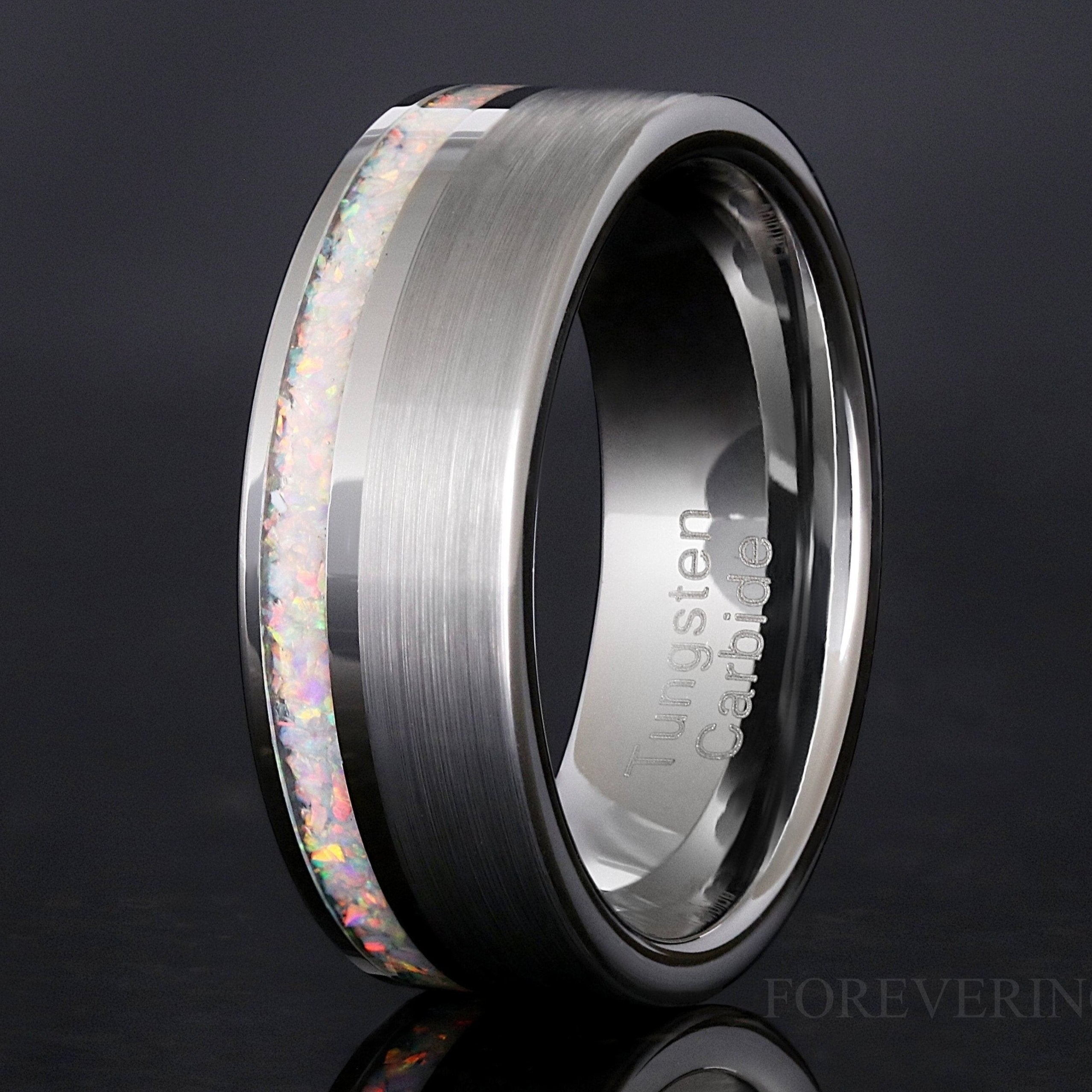 Mens Opal Ring, White Fire Opal Wedding Band, 8mm Brushed Flat Ring, Silver Tungsten Ring, Unique Man Promise Ring, Engraving