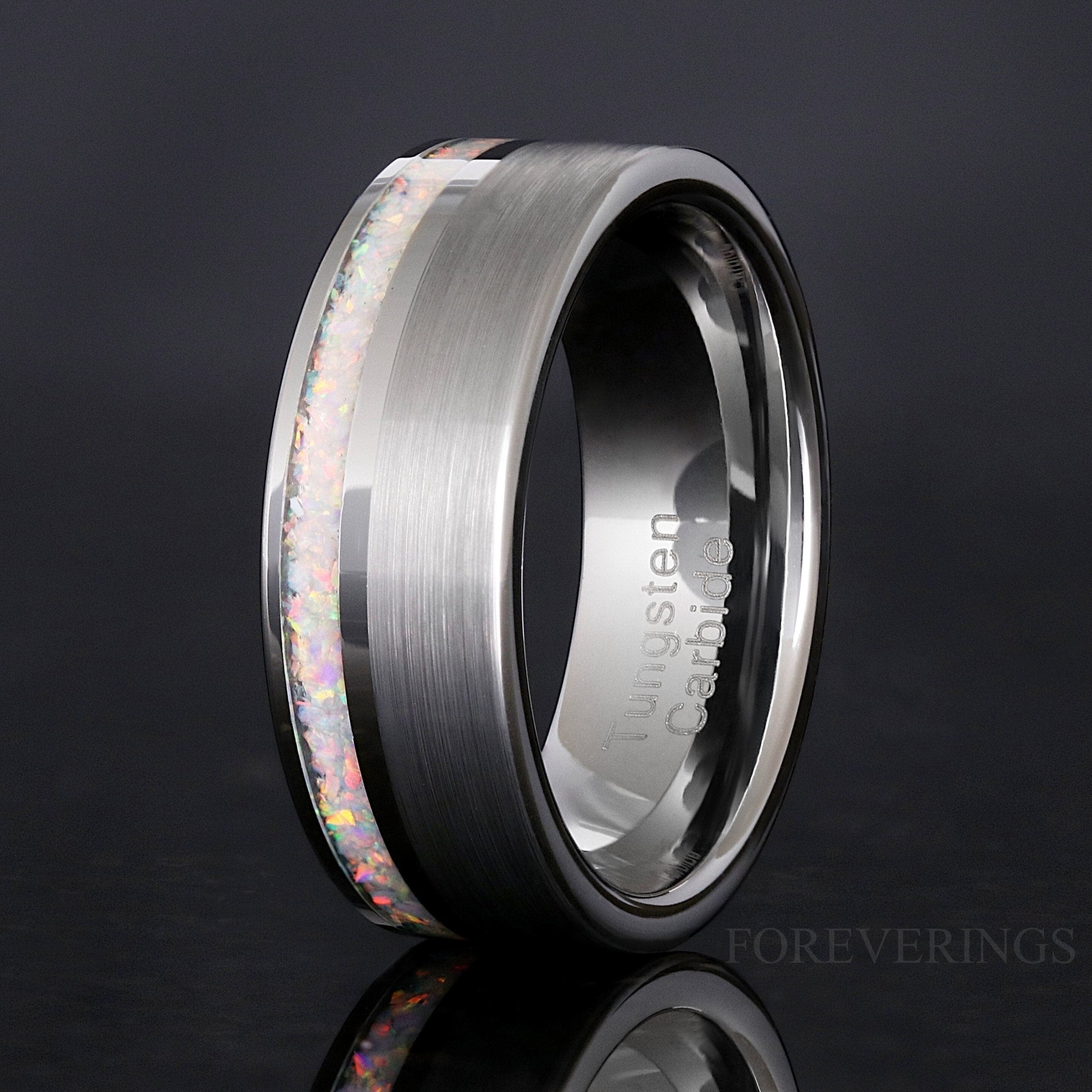 Mens Opal Ring, White Fire Opal Wedding Band, 8mm Brushed Flat Ring, Silver Tungsten Ring, Unique Man Promise Ring, Engraving