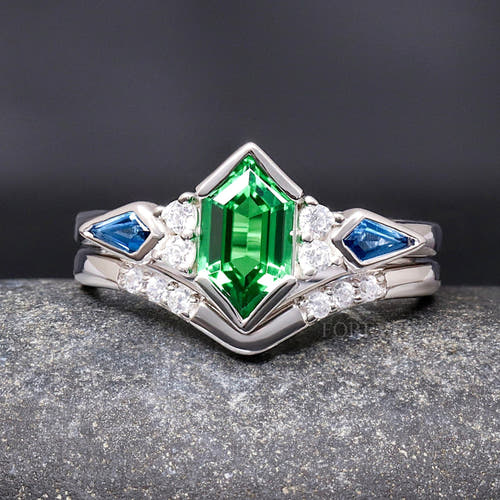 Women's sterling silver tsavorite bridal set, elongated hexagon engagement ring with a curved band