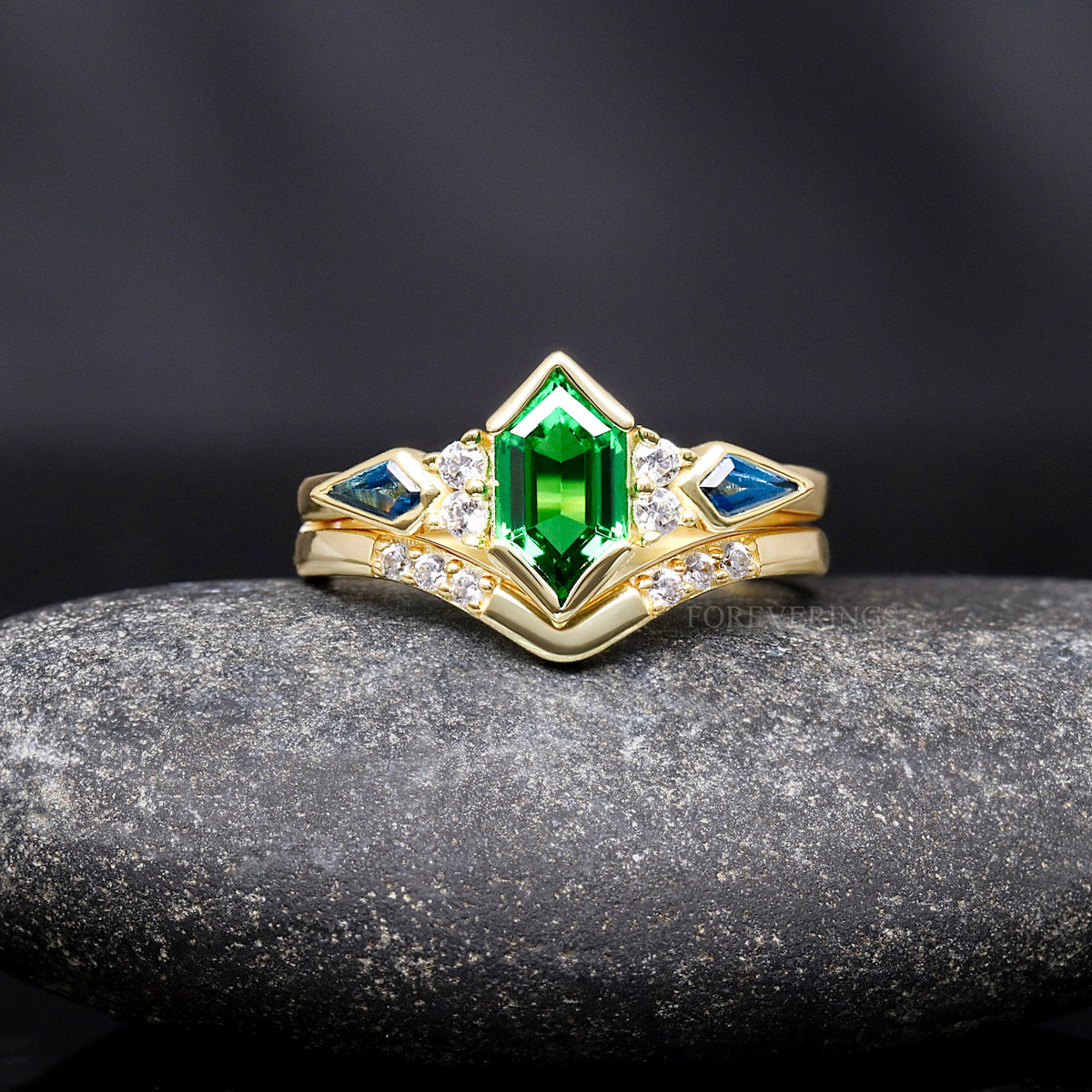 Rosette Nebula Galaxy Ring Set, Unique His and Her Ring, Engagement Ring Set, Gold Tungsten, Green Tsavorite Wedding Ring, Match Couple Ring