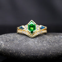 Rosette Nebula Galaxy Ring Set, Unique His and Her Ring, Engagement Ring Set, Gold Tungsten, Green Tsavorite Wedding Ring, Match Couple Ring