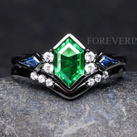 Galaxy Tsavorite Wedding Ring for Her, Rosette Nebula Black Ring Set, Elongated Hexagon, Alternative Engagement Ring Set, Woman Wedding Ring
