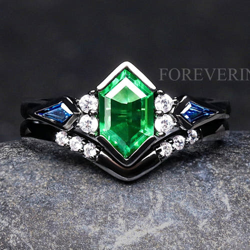Women's black sterling silver elongated hexagon tsavorite engagement ring set, straight on