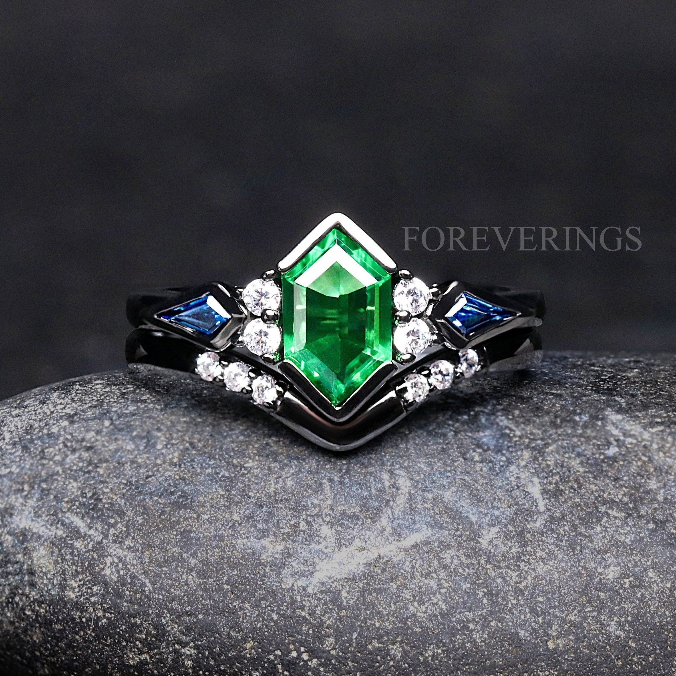 Galaxy Tsavorite Wedding Ring for Her, Rosette Nebula Black Ring Set, Elongated Hexagon, Alternative Engagement Ring Set, Woman Wedding Ring