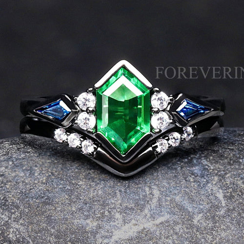 Galaxy Tsavorite Wedding Ring for Her, Rosette Nebula Black Ring Set, Elongated Hexagon, Alternative Engagement Ring Set, Woman Wedding Ring