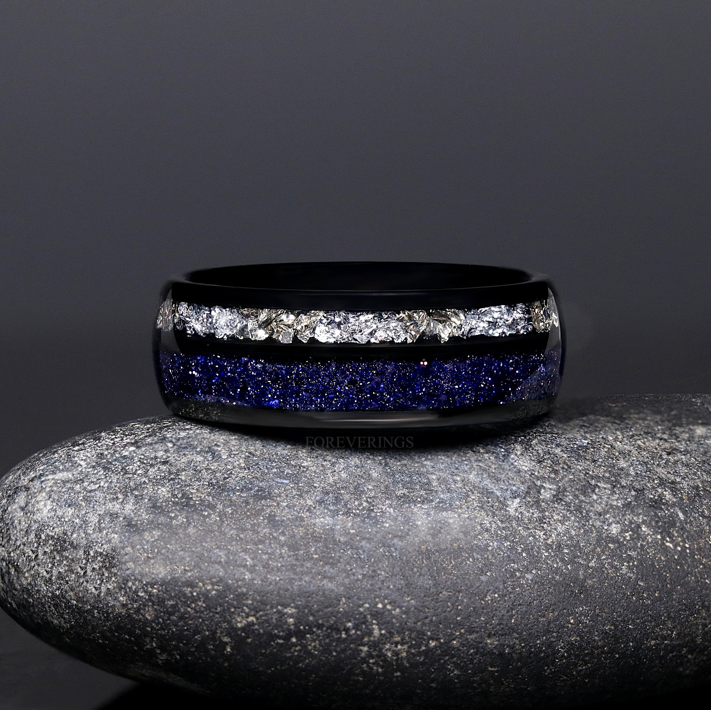 Mens Rift Nebula Ring, Starry Night Wedding Band, Space Ring, Black Tungsten Ring, Man Galaxy Band, Sandstone, Dome, Polish, Ring Engraving