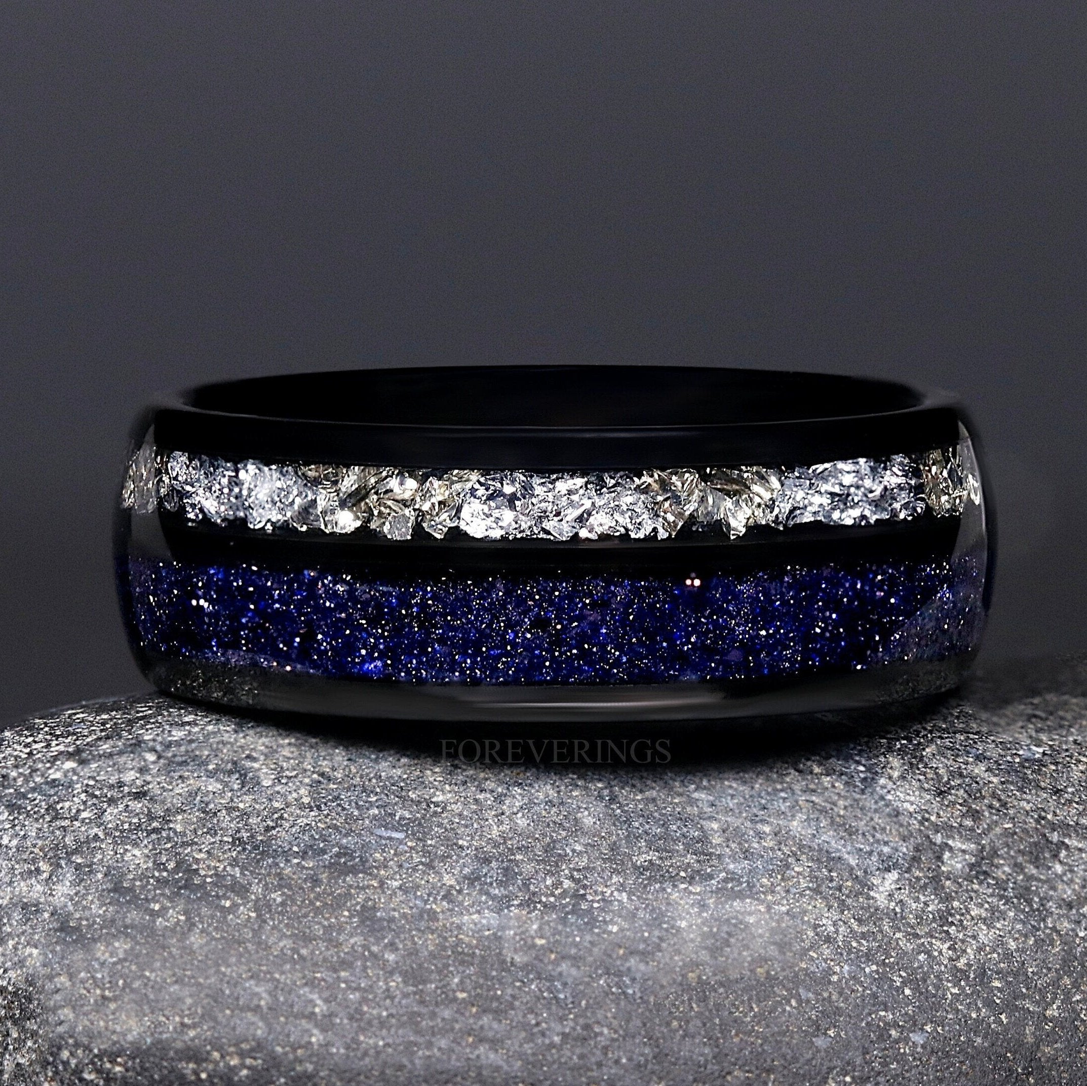 Mens Rift Nebula Ring, Starry Night Wedding Band, Space Ring, Black Tungsten Ring, Man Galaxy Band, Sandstone, Dome, Polish, Ring Engraving