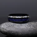 Men's 8mm black tungsten band with blue sandstone and crushed diamond inlay, front view