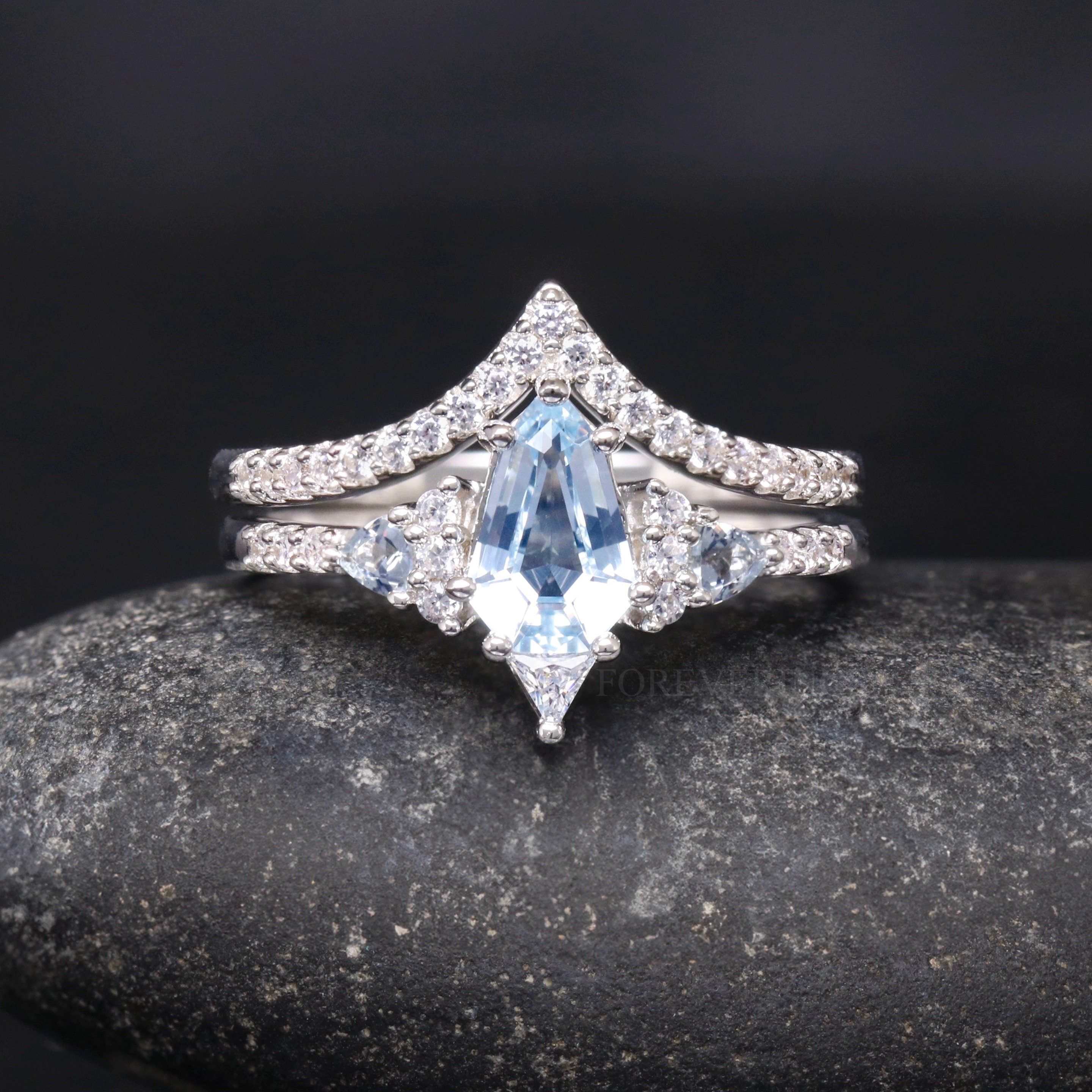 Lumiere Aquamarine Wedding Ring, Woman Engagement Ring Set, Shield Cut, 925 Sterling Silver Ring, Unique Promise Ring for Her, Ring Engrave