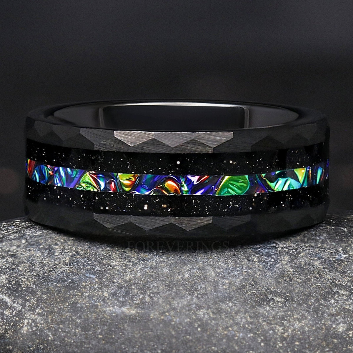 Rhaegal Mens Green Nebula Ring, Hammered Wedding Band, Dichrolam, Black Tungsten Ring, Unique Space Ring, Promise Ring for Him, Engraving