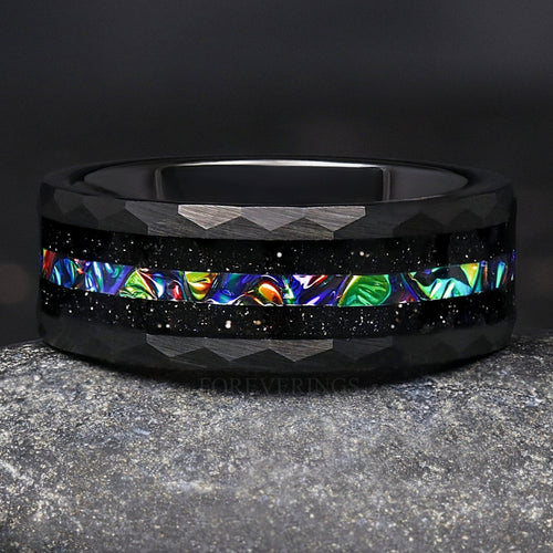 Rhaegal Mens Green Nebula Ring, Hammered Wedding Band, Dichrolam, Black Tungsten Ring, Unique Space Ring, Promise Ring for Him, Engraving
