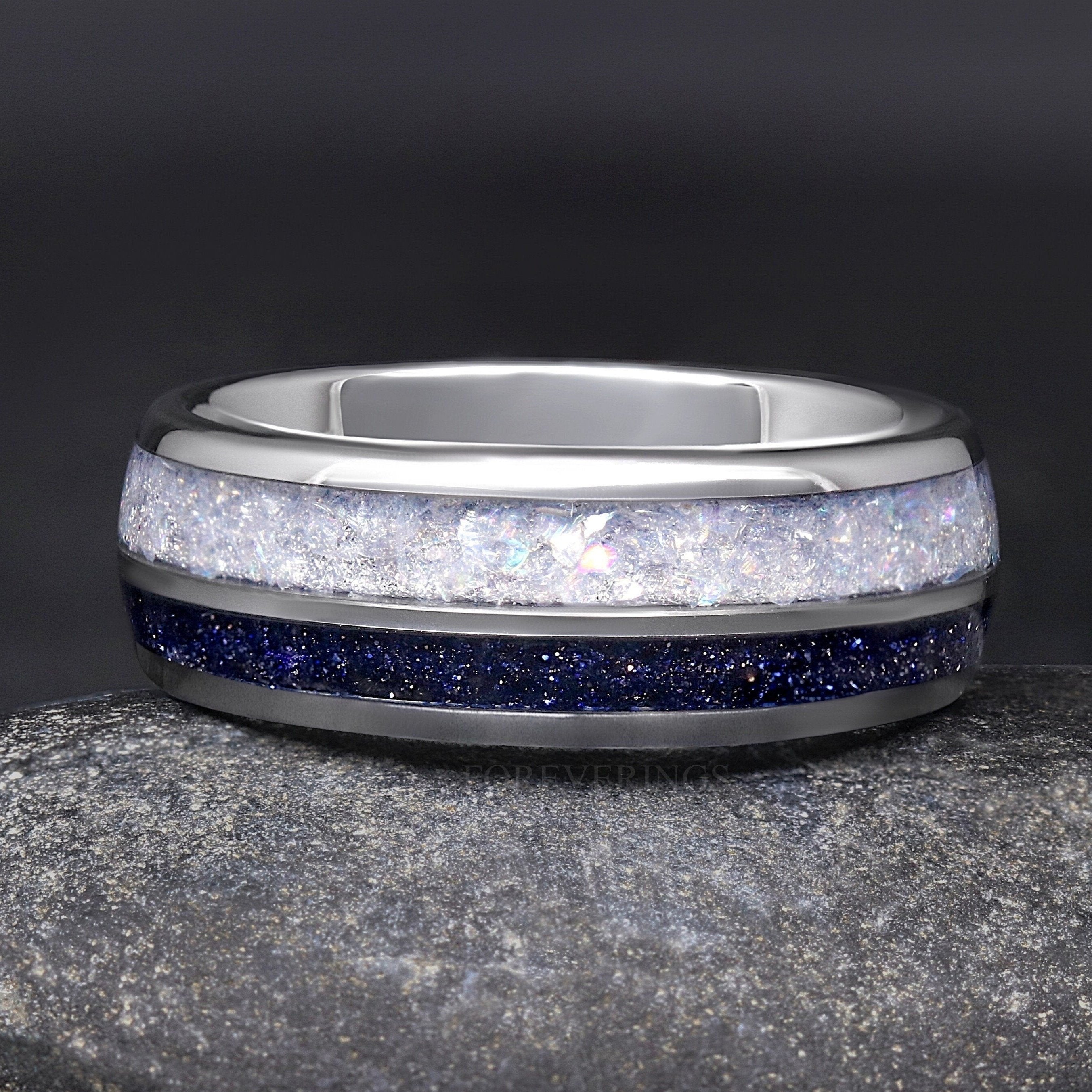 Moonstone Ring Men, Personalized Wedding Band, Starry Night, Silver Tungsten Ring, Unique Promise Ring, Natural Moonstone Ring, Dome Polish