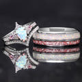 Matching silver couples ring set, white opal bridal set and 8mm band with opal and morganite inlay