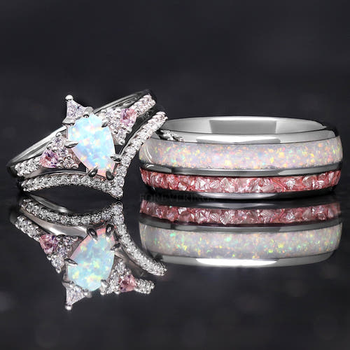 Matching silver couples ring set, white opal bridal set and 8mm band with opal and morganite inlay