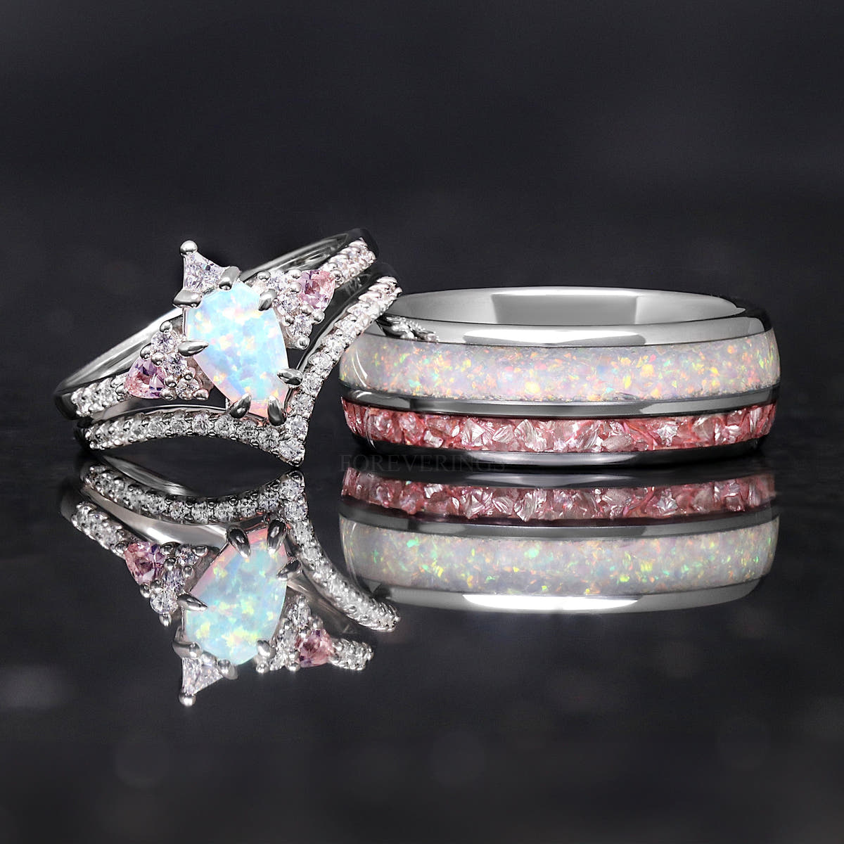 White opal bridal set beside a wider silver band with white opal and pink stone inlay