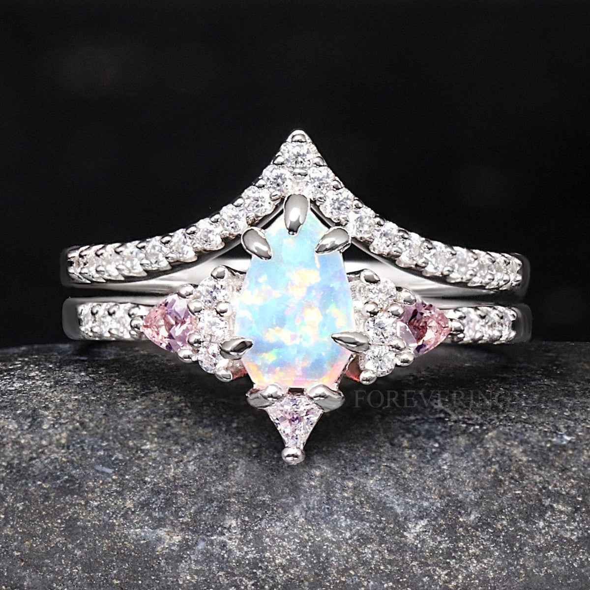 Lumiere Morganite Opal Ring, Woman Wedding Ring, Personalized, White Fire Opal Engagement Ring, Alternative Ring, Morganite Promise Ring
