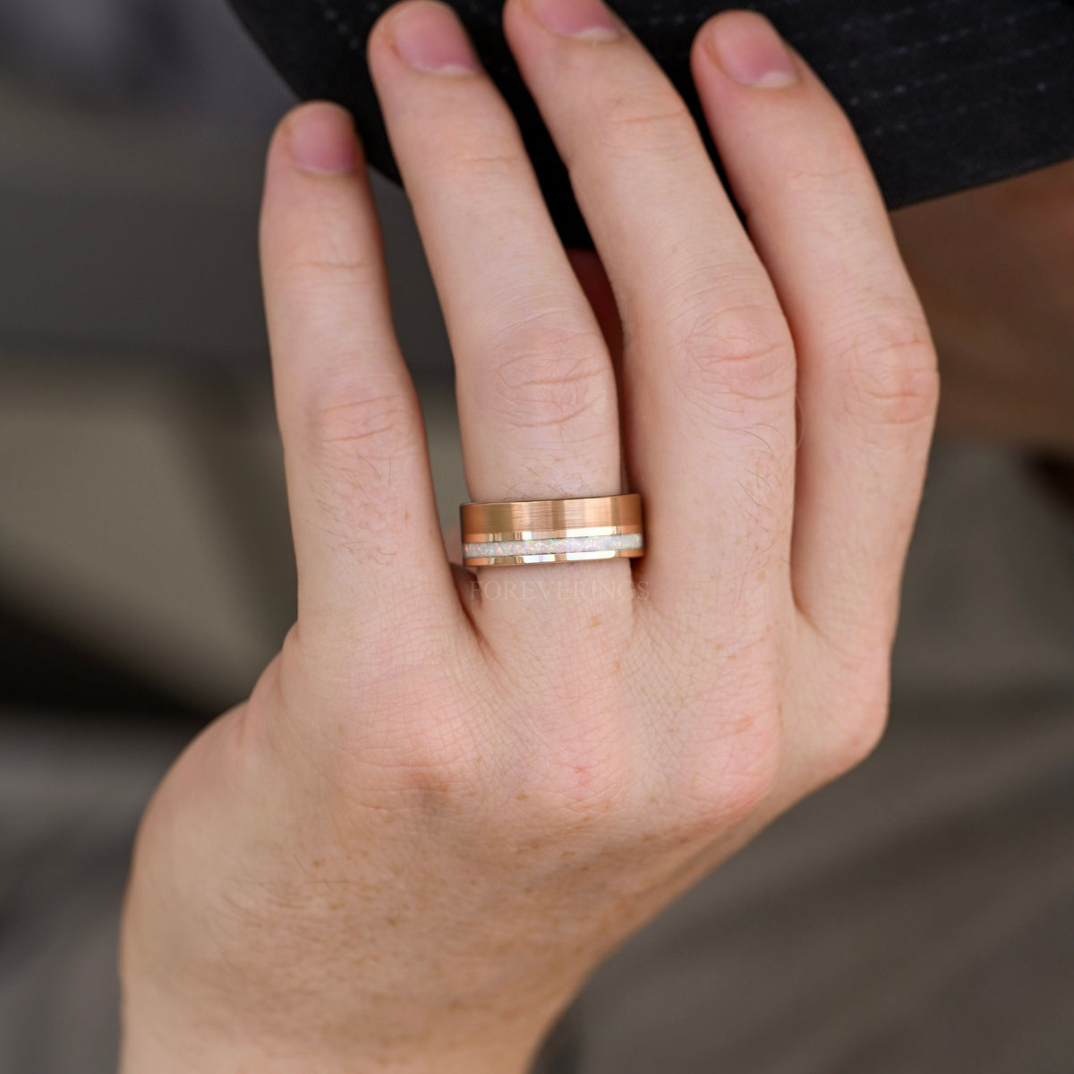 Mens White Fire Opal Ring | Rose Gold Tungsten Wedding Band