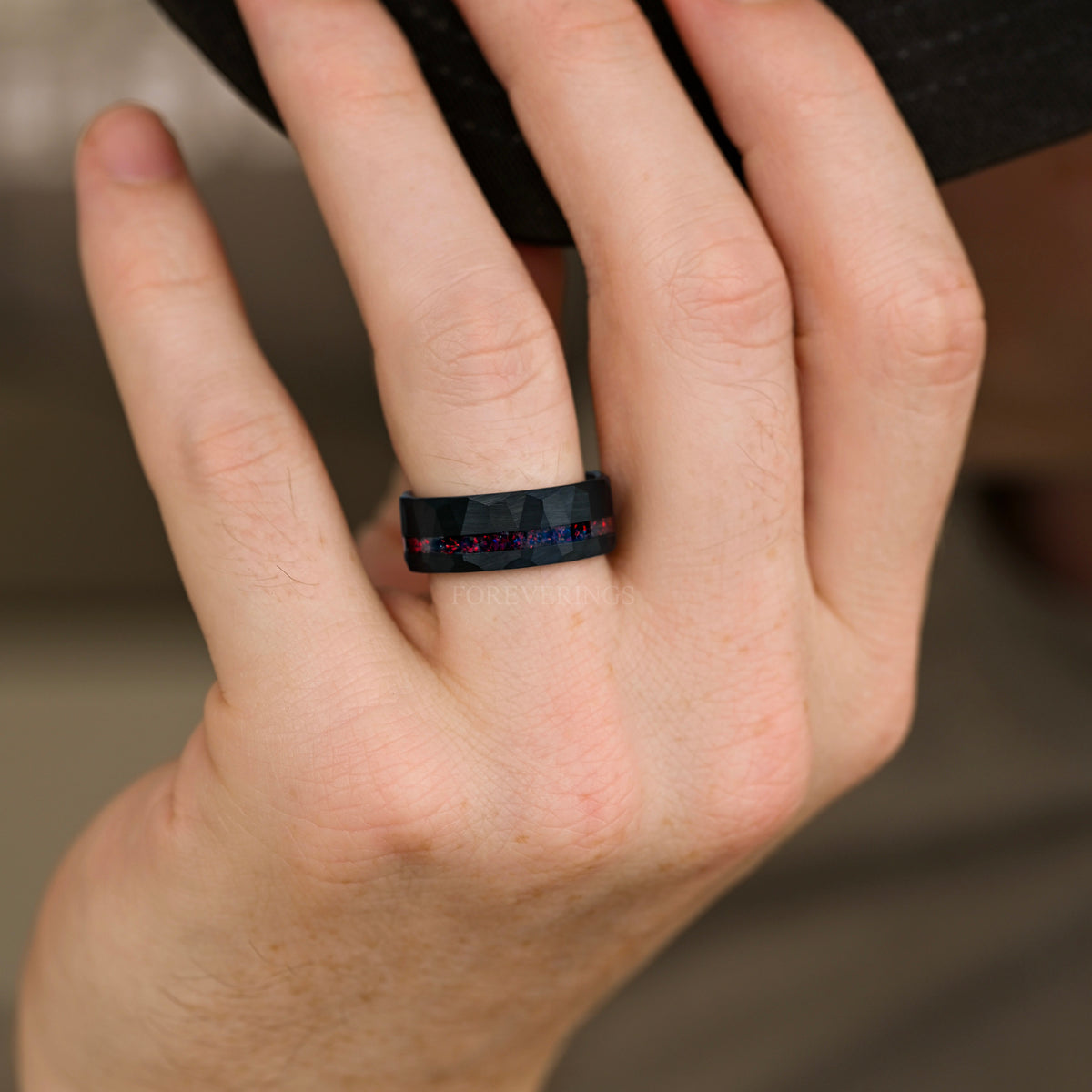 Mens Black Opal Wedding Band | Hammered Black Tungsten Ring