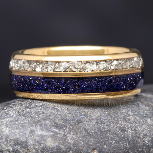 Men's 8mm gold tungsten wedding band with blue sandstone and crushed diamond inlay
