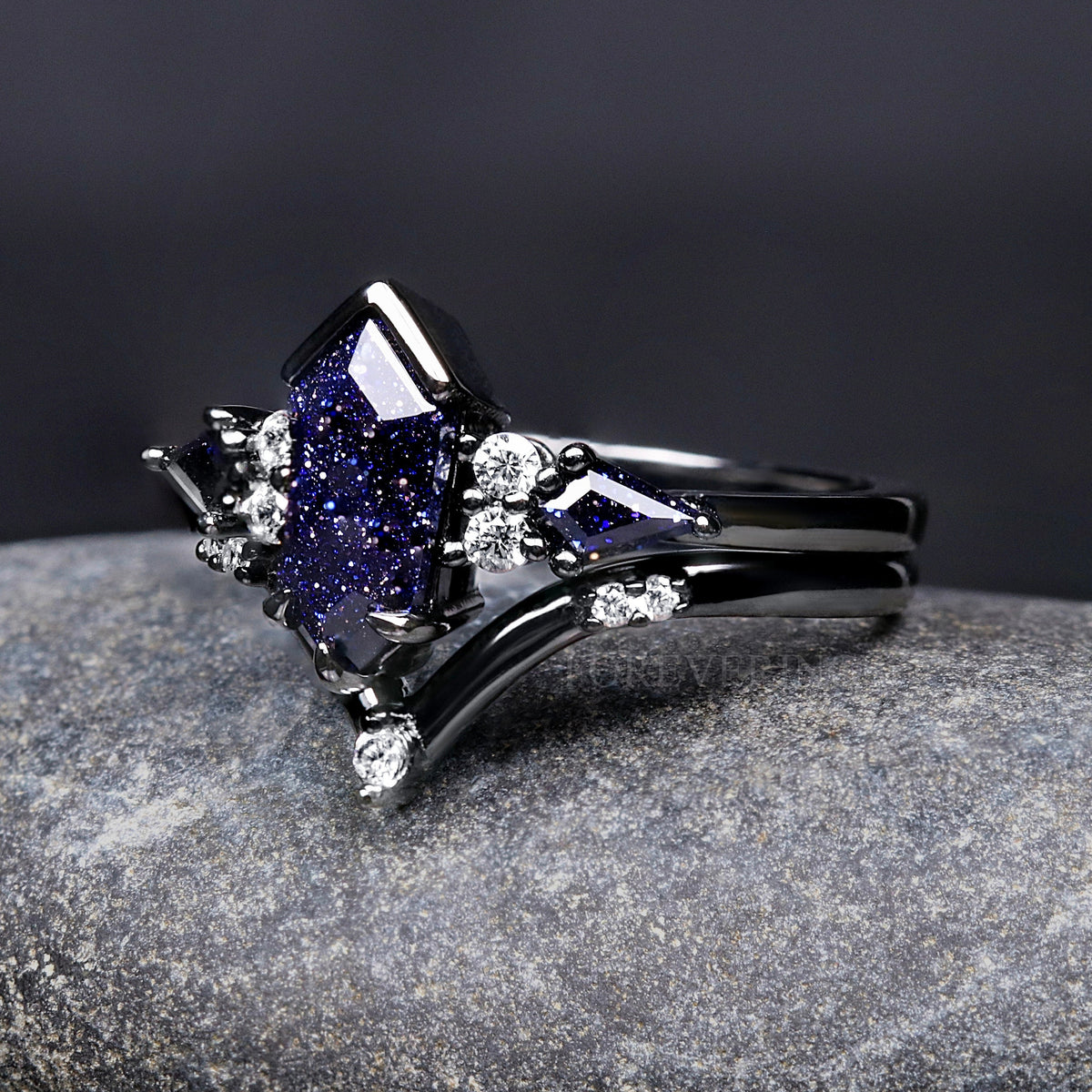Starry Night Ring Coffin Kite Cut Sandstone, Black Rhodium Engagement Ring Set, Black Ring, 925 Sterling Silver, Blue Sandstone
