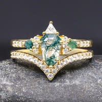 Gold Moss Agate Wedding Ring, Woman Alternative Engagement Ring Set, Lumiere, Shield Cut, Nature Ring, Unique Wedding Ring, Engraving