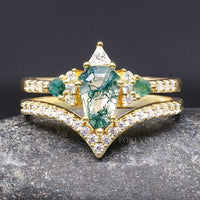 Gold Moss Agate Wedding Ring, Woman Alternative Engagement Ring Set, Lumiere, Shield Cut, Nature Ring, Unique Wedding Ring, Engraving
