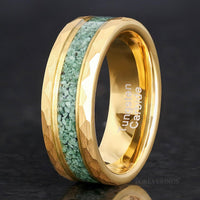 Moss Agate Ring Men, Gold Wedding Band, Personalized Gift, Gold Green Moss Agate Band, Flat Matte, Hammer Tungsten, Earthy Nature Ring