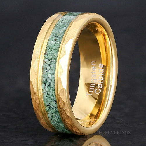 Men's 8mm hammered gold tungsten ring with crushed natural moss agate inlay