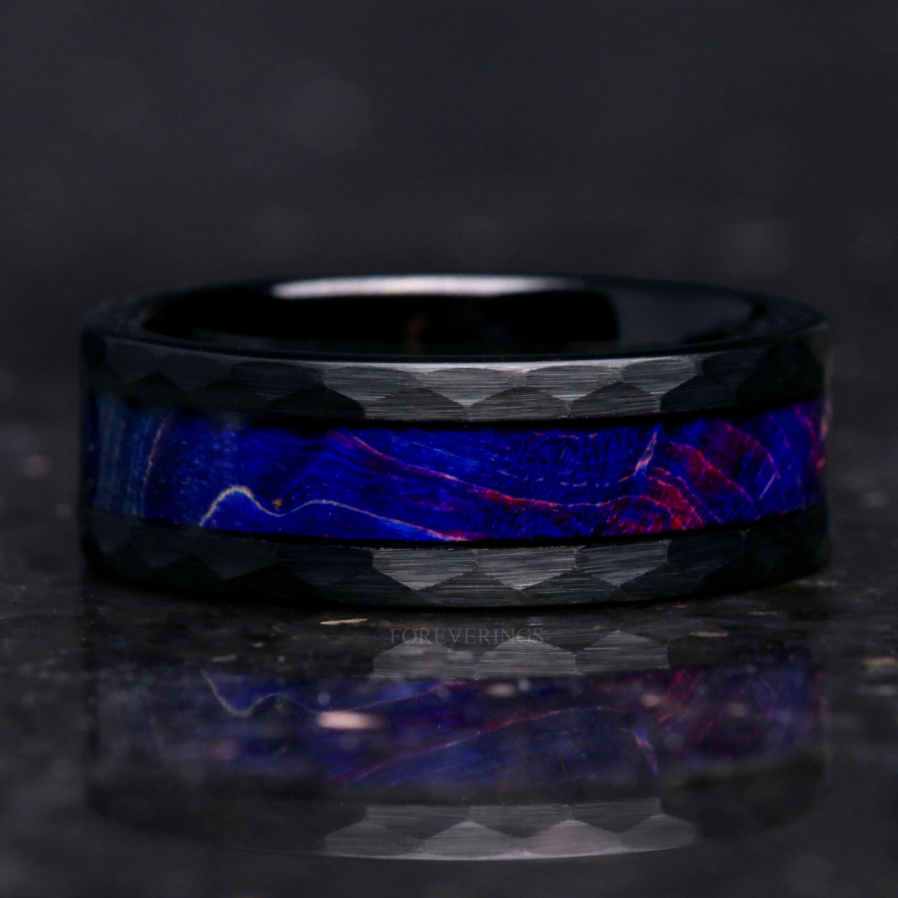 Blue Wood Wedding Band Black Hammered Ring, Men Wedding Band, 8mm Brushed Tungsten Ring, Unique Man Engagement Ring, Engraving