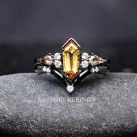 His and Her Citrine Wedding Ring Set Kite Coffin, Alternative Engagement Ring Set, Black Ring, Couples Matching Promise Ring, Engraving